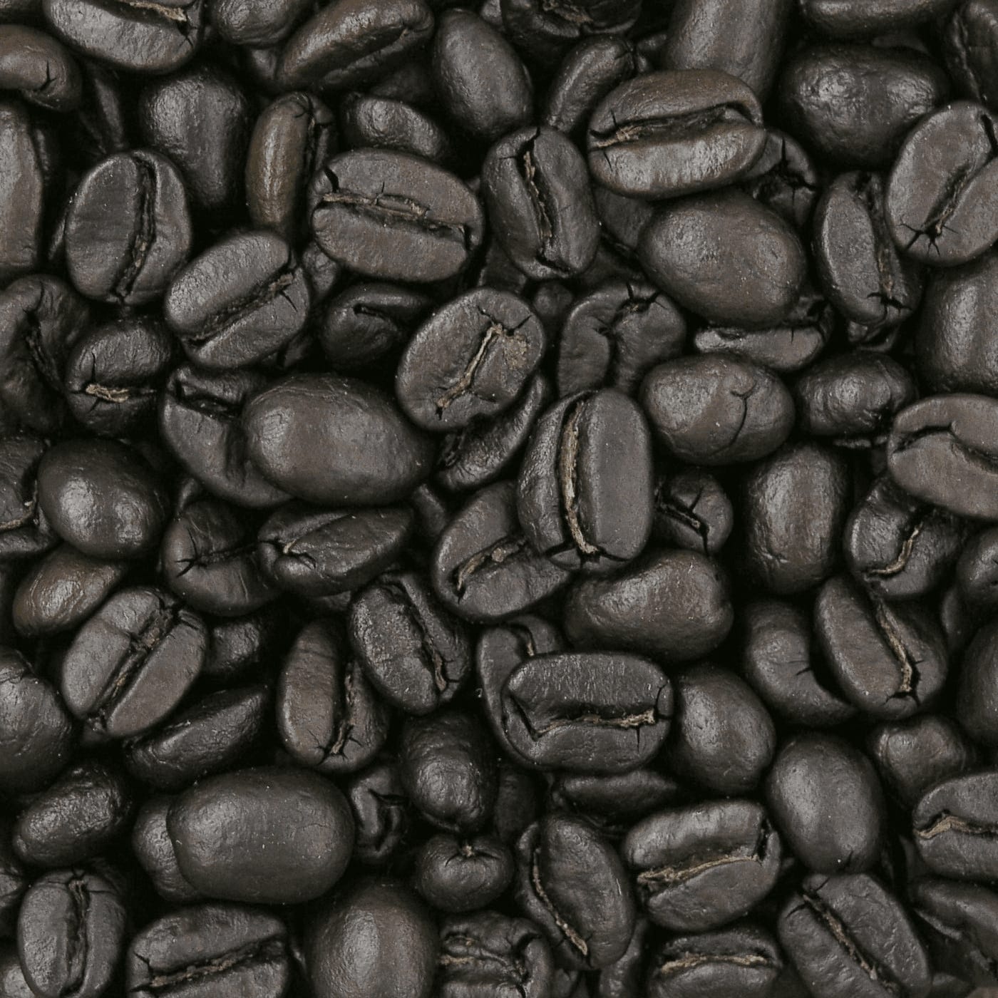 Coffee beans at a French roast, near-black and oily.